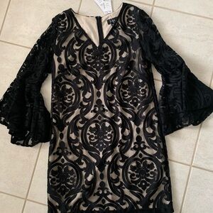 NWT MSK Black and Tan Sheath Dress with Bell Sleeves and V-Neck Size 12